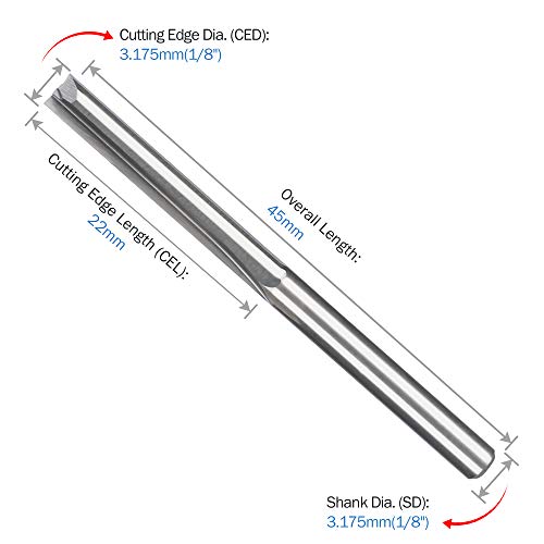 HQMaster CNC Router Bits 1/8 Router Bit Straight Router Bit 1 8 Shank Straight Flute End Mill Cutter 2-Flute Milling Cutting Tungsten Steel 22mm HQMaster