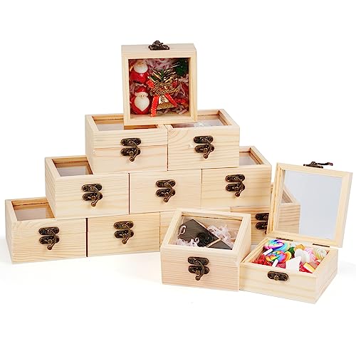 Thyle 12 Pcs Unfinished Wooden Boxes with Glass Lid Small Blank Wooden Box Natural Wooden Christmas Gift Boxes 3.5 x 3.5 x 1.8 Inch Wood Box for Thyle