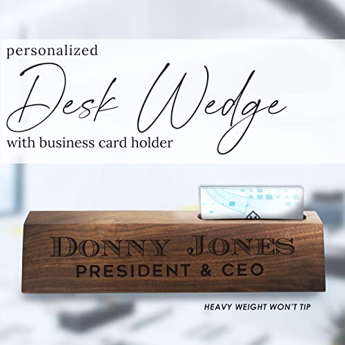 The Wedding Party Store, Custom Engraved Desk Name Plate - Personalized Desk Wedge with Business Card Holder (Walnut Wood) - WoodArtSupply