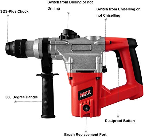 MPT 1 Inch SDS-plus 8.5 Amp Heavy Duty Rotary Hammer Drill,3 Functions, Include 3 Drill Bits, Grease, Chisel with Case - WoodArtSupply