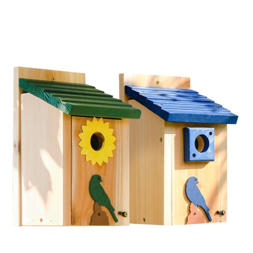 2Pk Large Heavy Duty Bluebird Houses - 0.9" Thickness Solid Cedar Wood Bird House - Lifetime Lasting Weatherablity UV Color Painting - Garden