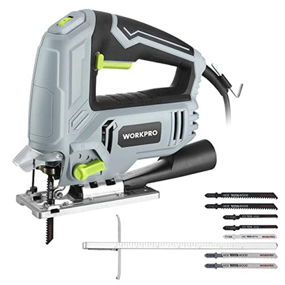 WORKPRO Jig Saw, Heavy Duty Design, 5 AMP 3000 SPM, Jigsaw Tool Corded Electric Power Cutter for Wood, Metal and Plastic Cutting, 7 Blades - WoodArtSupply