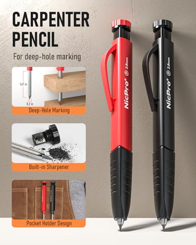 Nicpro 2 Pack Carpenter Pencil Set with Sharpener & Finger Grip, Solid Mechanical Pencils with 26 Refills (Red, Black, Yellow), Deep Hole Marker - WoodArtSupply