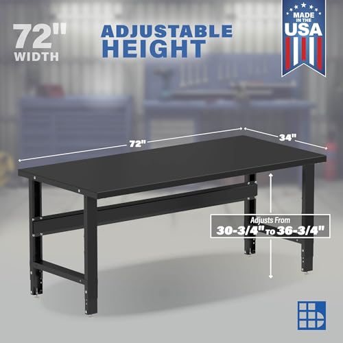 Borroughs® 72" Adjustable Workbench, 12-Gauge Black Painted Steel Top Heavy-Duty Workstation, 2000 LBS Load Capacity Worktable for Workshop, Garage, - WoodArtSupply