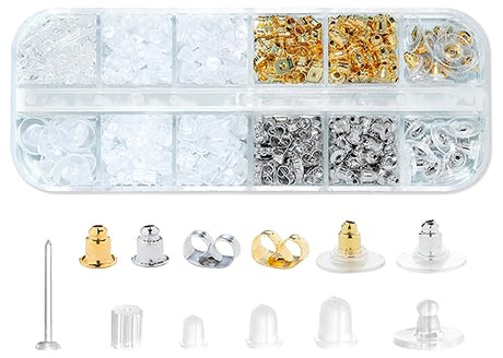 Nkwuire 12 Styles 600 Pcs Earring Backs for Studs, Clear Plastic Earrings Hypoallergenic Metal Rubber Silicone Earring Backs Bullet Clutch Stoppers Nkwuire