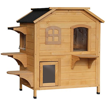 PawHut 2-Story Cat House Outdoor, Weatherproof Wooden Cat Enclosure for Feral Cats with Escape Door, Openable Roof, Jumping Platforms, Natural - WoodArtSupply