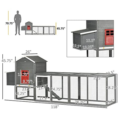 PawHut 118" Extra Large Chicken Coop with Asphalt Roof, Wooden Hen House with Slide-Out Tray, Quail Hutch with Nesting Box, Gray - WoodArtSupply