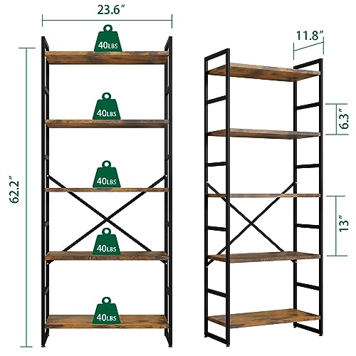 Shintenchi Rustic Brown 5-Tier Industrial Bookcase for Home, Office, and Living Spaces - WoodArtSupply