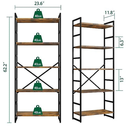 Shintenchi Rustic Brown 5-Tier Industrial Bookcase for Home, Office, and Living Spaces - WoodArtSupply