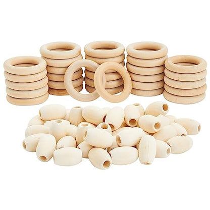 Bright Creations 80 Pcs Unfinished Oval Wood Beads and Round Wooden Rings for Macrame Supplies, DIY Crafts - WoodArtSupply