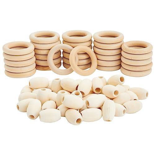 Bright Creations 80 Pcs Unfinished Oval Wood Beads and Round Wooden Rings for Macrame Supplies, DIY Crafts - WoodArtSupply