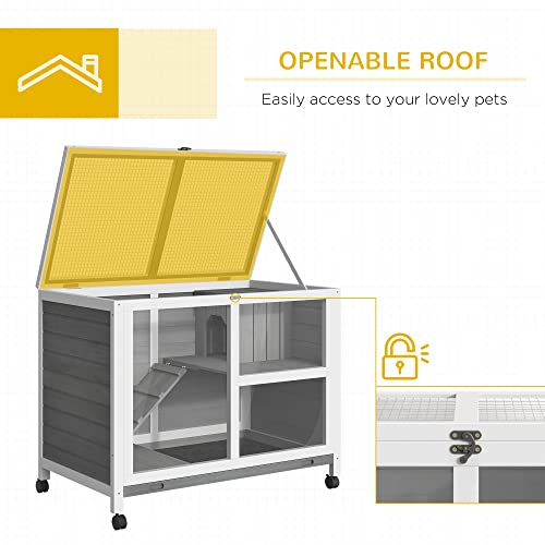 PawHut Indoor Rabbit Hutch with Wheels, Desk and Side Table Sized, Wood Rabbit Cage, Waterproof Small Rabbit Cage, Gray - WoodArtSupply