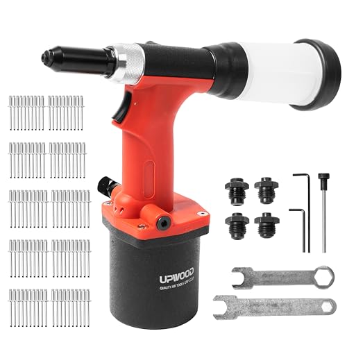 UPWOOD Pneumatic Hydraulic Pop Rivet Gun, Self-Suction Air Riveter Riveting Tool with 100 pcs Blind Rivets and 3/32" 1/8" 5/32" 3/16" Nose Pieces - WoodArtSupply