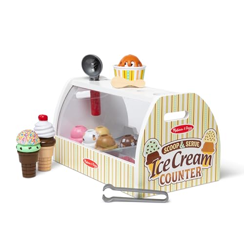 Melissa & Doug Wooden Scoop and Serve Ice Cream Counter (28 pcs) - Play Food and Accessories - Pretend Food Toys, Ice Cream Shop Toys For Kids Ages
