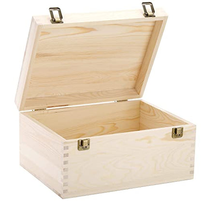 Frcctre Extral Large Unfinished Wooden Box, 13 x 10 x 6.5 inch Natural Unfinished Pine Wood Box with Hinged Lid and Front Clasp for DIY Craft Art