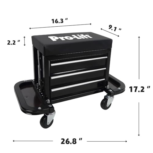 Pro-Lift Mechanic Roller Seat with Tool Box - 3-Drawer Rolling Tool Chest Stool with Padded Seat Cushion for Garage Creeper – 400 Lbs Capacity - WoodArtSupply