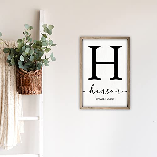 Framed Wooden Family Name Sign Personalized Wood Monogram Choose from Four Sizes (12" x 18", Weathered Grey Frame, White Background) - WoodArtSupply