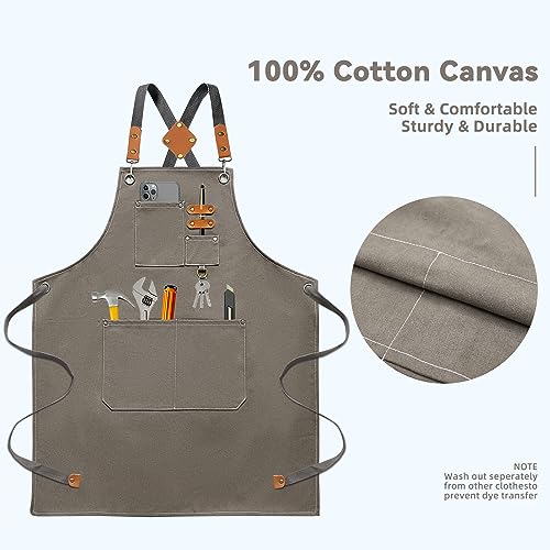 Bluegogo Chef Aprons for Men Women, Cotton Canvas Cross Back Adjustable Apron with Large Pockets for Kitchen Garden Salon,Size M to XXL (Grey) - WoodArtSupply