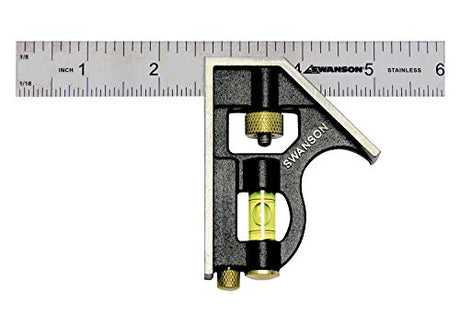Swanson Tool Co TC130 6 inch Combo Square with Stainless Steel Rule, Cast Zinc Body with Bubble Vial, and Brass Bolt Swanson Tool Co., Inc