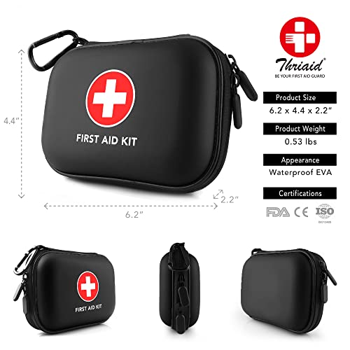 Mini First Aid Kit, 100 Pieces Water-Resistant Hard Shell Small Case - Perfect for Travel, Outdoor, Home, Office, Camping, Hiking, Car (Black) THRIAID