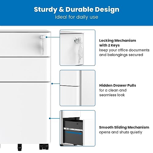 Mount-It! Mobile File Pedestal, File Cabinet with 3 Drawers, Slim Design Under Desk Storage for Files, Folders and Office Supplies, Organizer Cabinet - WoodArtSupply