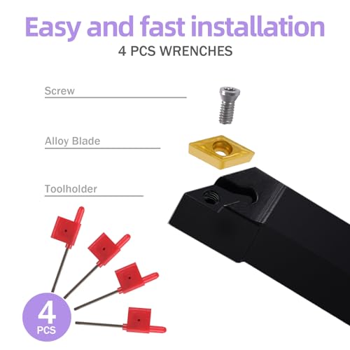 Gluwoer Indexable Lathe Turning Tool 1/2" Shank 14PCS Kit-4PCS Metal Lathe Tools Holder 10PCS DCMT21.51 Carbide Insert for Turning Boring Grooving Gluwoer