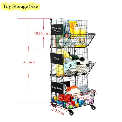 3 Tier Rolling Wire Toy Organizer Basket - with Wheel, S-Hooks, Adjustable Chalkboards - Toy Storage Cart Wall Bookshelf for Kids Room, Playroom,