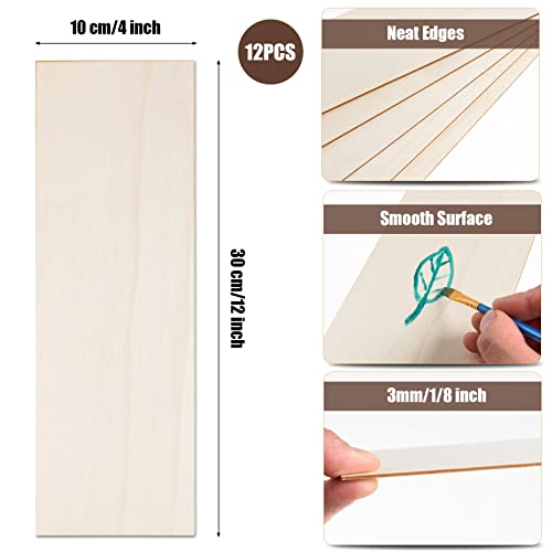 12 Pack Basswood Sheets for Crafts 12 x 4 x 1/8 Inch-3 mm Thick Unfinished Plywood Sheets Thin Craft Wood Sheets Boards for Drawing,Painting, Wood