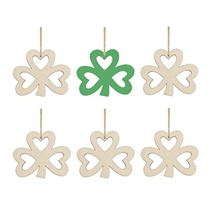 20pcs Shamrock Wood DIY Crafts Cutouts Wooden Shamrock Clover Shaped Hanging Ornaments with Hole Hemp Ropes Gift Tags for Irish Festival St.