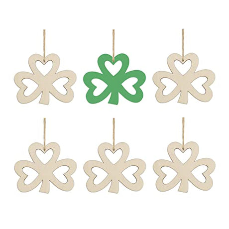 20pcs Shamrock Wood DIY Crafts Cutouts Wooden Shamrock Clover Shaped Hanging Ornaments with Hole Hemp Ropes Gift Tags for Irish Festival St. Creaides