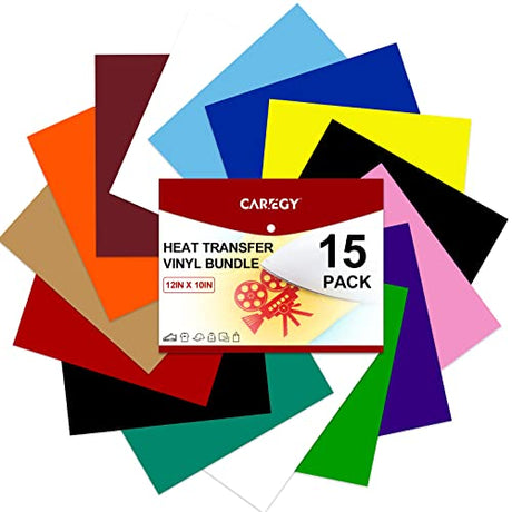CAREGY Heat Transfer Vinyl for T-Shirts 12in.x10in. 15 Sheets-Iron On Vinyl HTV Bundle CAREGY