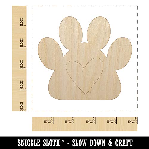 Paw Print with Heart Dog Unfinished Wood Shape Piece Cutout for DIY Craft Projects - 1/4 Inch Thick - 4.70 Inch Size Sniggle Sloth