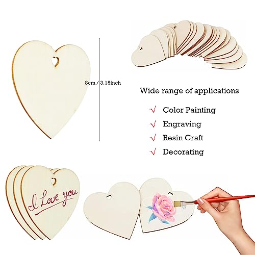 Yesnote 50pcs Unfinished Wood Crafts Blanks, Heart Shaped Wood Sign with 12pcs Watercolor Pens Wooden Craft Supplies for DIY Crafts Party Birthday