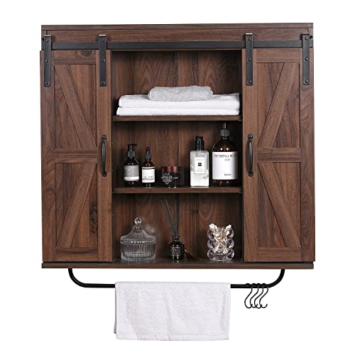 RUSTOWN Rustic Wood Wall Storage Cabinet with Two Sliding Barn Door, 3-Tier Decorative Farmhouse Vintage Cabinet for Kitchen Dining, Bathroom, Living