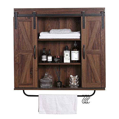 RUSTOWN Rustic Wood Wall Storage Cabinet with Two Sliding Barn Door, 3-Tier Decorative Farmhouse Vintage Cabinet for Kitchen Dining, Bathroom, Living - WoodArtSupply