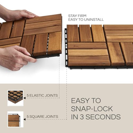 THYOI 10 Pcs Acacia Wood Deck Tiles 12" x 12", Deck Tiles Interlocking Outdoor All Weather, Patio Flooring Waterproof, Wood Patio Tiles for Indoor THYOI