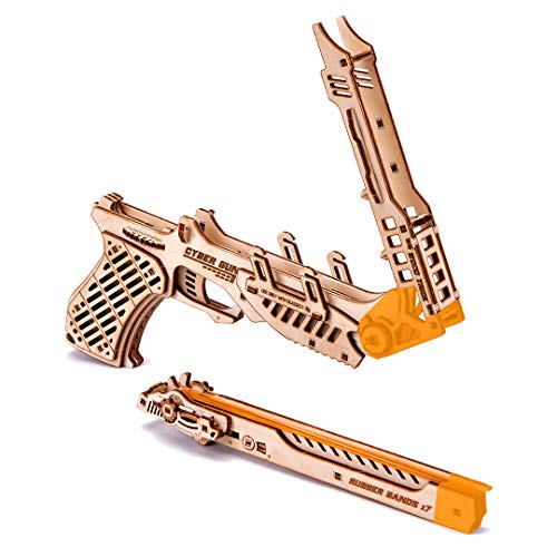 Wood Trick Cyber Gun 3D Wooden Puzzle - Rubber Band Gun Pistol - Shoots up to 20 feet - Wood Model Kit for Adults and Kids to Build - 14+ Wood Trick