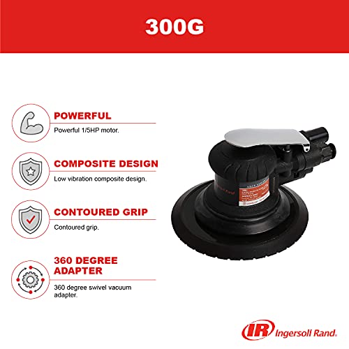 Ingersoll Rand 300G Edge Series 6" Air Random Orbit Sander with 360 Degree Swivel Vacuum Adapter, Powerful 1/5 HP Motor, Lightweight, Low Vibration, - WoodArtSupply