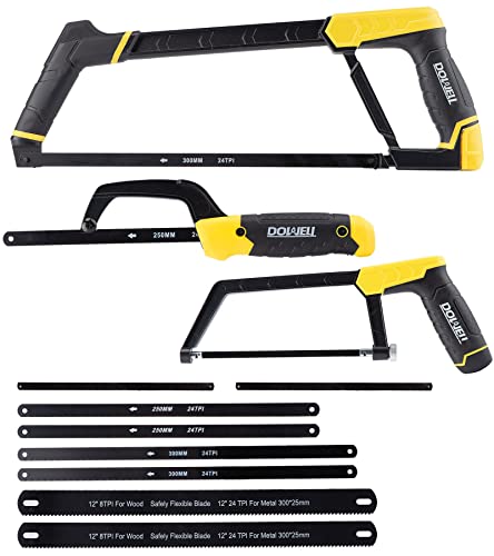 DOWELL Hacksaw Frame Set Heavy Duty Handsaw 12-inch 10-inch 6-inch Mini Hacksaw Hand Saw 8 Extra Blades Multi-function for Metal Wood PVC Pipes DOWELL