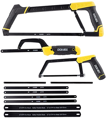 DOWELL Hacksaw Frame Set Heavy Duty Handsaw 12-inch 10-inch 6-inch Mini Hacksaw Hand Saw 8 Extra Blades Multi-function for Metal Wood PVC Pipes - WoodArtSupply