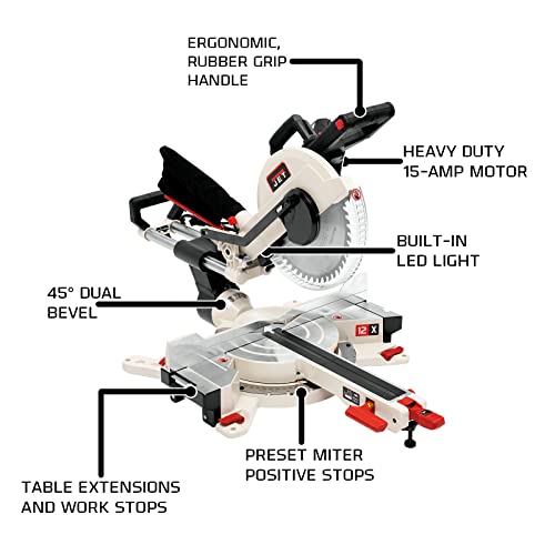 JET 12-Inch Sliding Dual-Bevel Compound Miter Saw, 1Ph 115V (JMS-12X) - WoodArtSupply