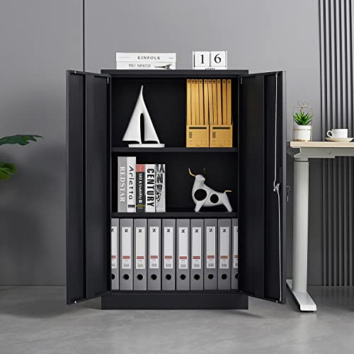 GREATMEET Locking Metal Storage Cabinet with 2 Adjustable Shelves, Office Cabinet with Storage Shelves and Double Doors, 42”H Steel Cabinet for