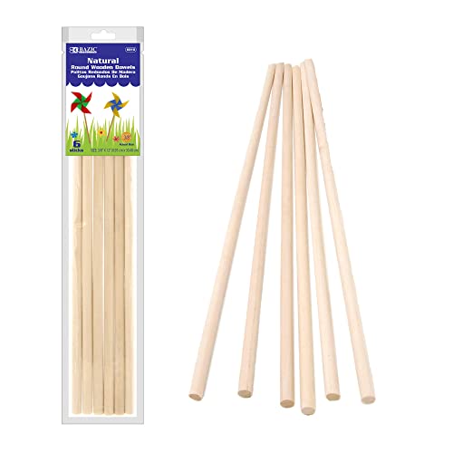 BAZIC Wooden Dowel Rods Wood Sticks, 3/8" x 12" Round Natural Color Hardwood Stick, Unfinished Wood for Crafts Lollipops Cake Support (6/Pack), Bazic Products