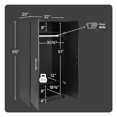 Prepac Elite 32" Storage Cabinet Closet, Black Storage Cabinet, Linen Cabinet, Wardrobe Cabinet with Hanging Rail and Shelves 20" D x 32" W x 35" H, - WoodArtSupply