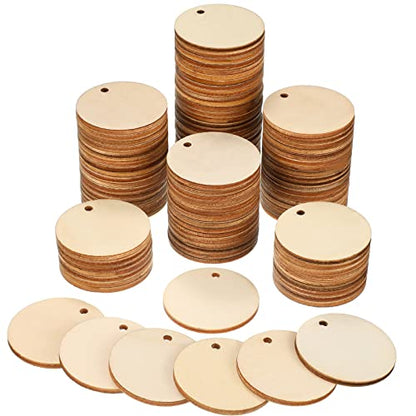 100 Pieces Unfinished Round Wooden Circles with Holes Round Wood Discs for Crafts Blank Natural Wood Circle Cutouts for DIY Crafts Party Birthday