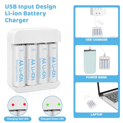 4 Pack 3600mWh Rechargeable 1.5V Lithium AA Batteries with Charger (4-Bay Independent Slot), Long Lasting Double A Size Battery for Blink Camera - WoodArtSupply