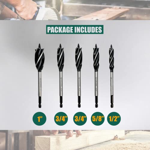 CORTOOL Auger Drill Bit for Wood,1/2", 5/8", 3/4" and 1" Inch Size with Quick Change Hex Shank 5-Piece Drill Bit Set for Wood Cortool