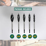 CORTOOL Auger Drill Bit for Wood,1/2", 5/8", 3/4" and 1" Inch Size with Quick Change Hex Shank 5-Piece Drill Bit Set for Wood Cortool