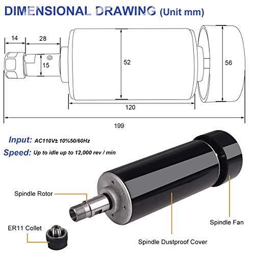 CNC Spindle, MYSWEETY 500W Air Cooled 0.5kw Milling Motor and Spindle Speed Power Converter and 52mm Clamp and 13pcs ER11 Collet for DIY Engraving - WoodArtSupply