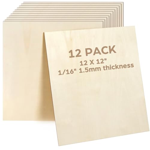 LotFancy Basswood Sheets, 12 Pack, 12 x 12 x 1/16 Inch, Plywood Sheets with Smooth Surfaces, 1.5mm Craft Wood Board for Laser Cutting, DIY - WoodArtSupply